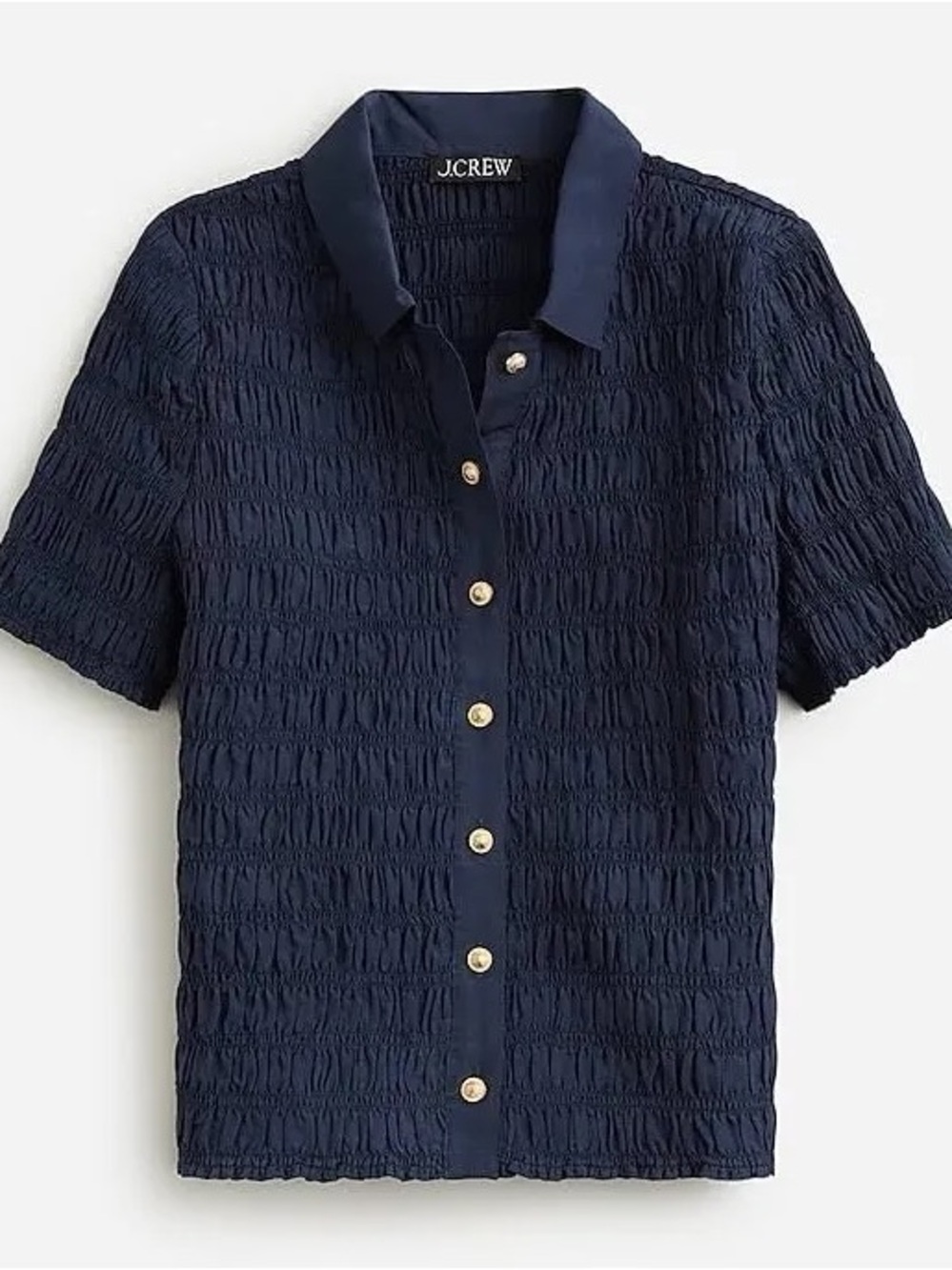 J. Crew Navy Smocked Textured Short-Sleeve Shirt